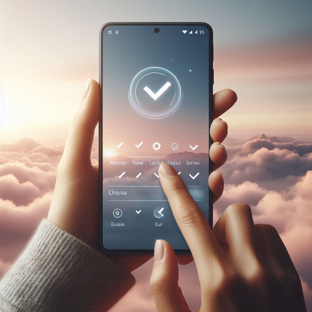A person checking their smartphone screen with a checkmark icon, surrounded by soft clouds and warm morning light — representing relief and confirmation.