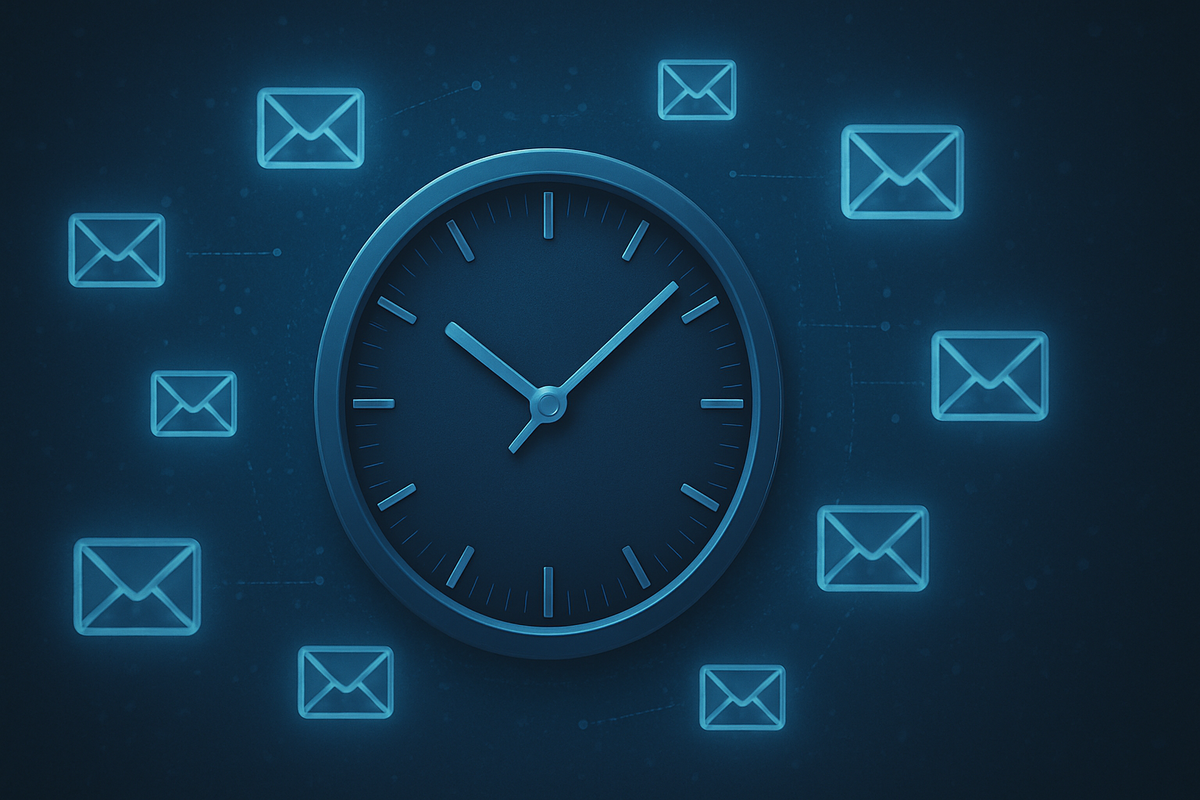 A glowing blue clock surrounded by email icons in the dark, symbolizing the anxious wait for important notifications.