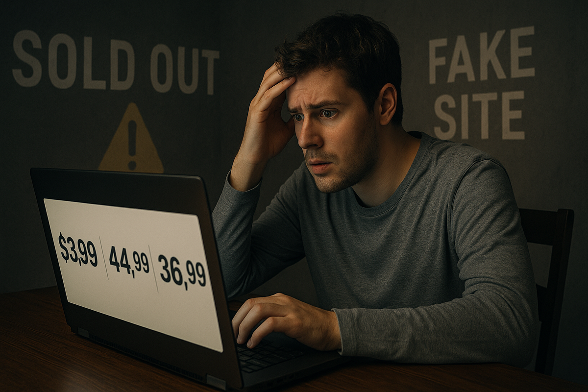 A confused young man staring at a laptop, overwhelmed by suspicious prices and warning signs like "SOLD OUT" and "FAKE SITE" in the background.