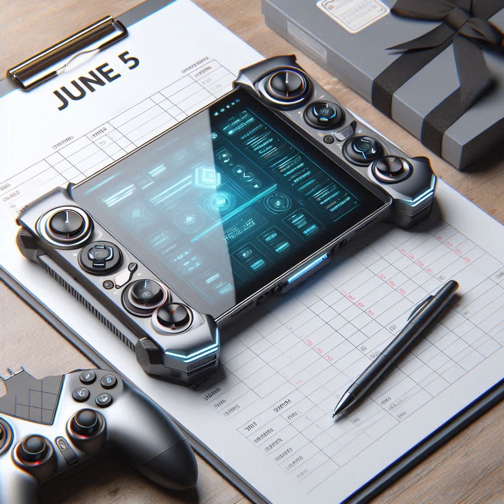 A futuristic handheld gaming console placed on a calendar marked June 5, symbolizing excitement and anticipation for its release.