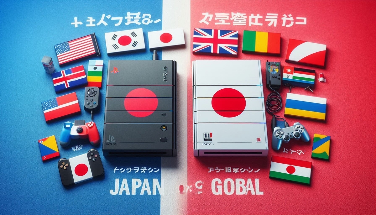 A side-by-side comparison of Japan-only and global gaming console versions, with national flags and accessories, highlighting the dilemma of choosing the right model.