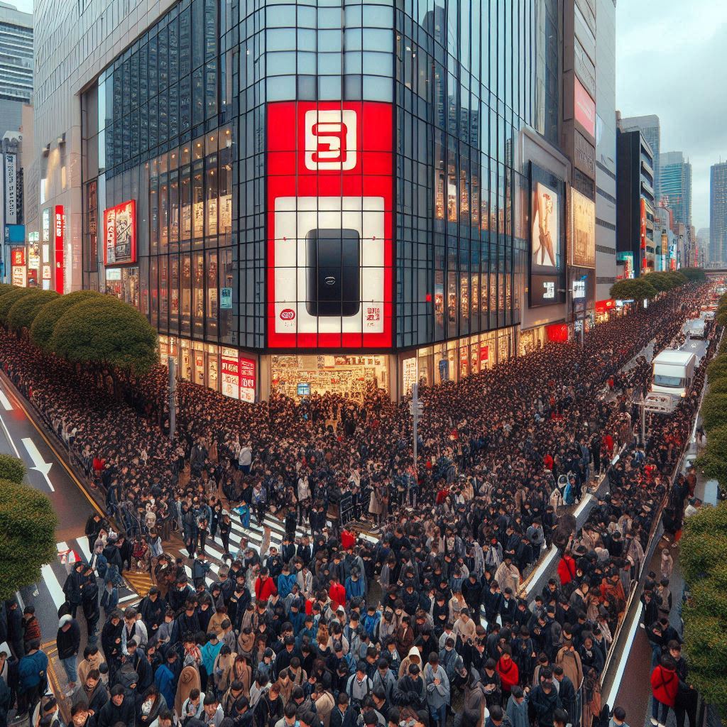 Massive crowd lining up around a giant electronics store, creating an overwhelming scene of anticipation and urgency