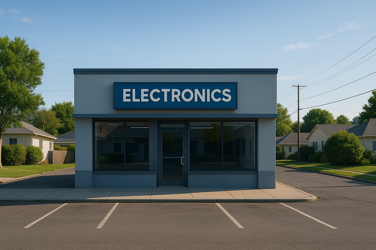 An empty electronics store in a quiet suburban neighborhood, its once-vibrant windows now reflecting silence and decline