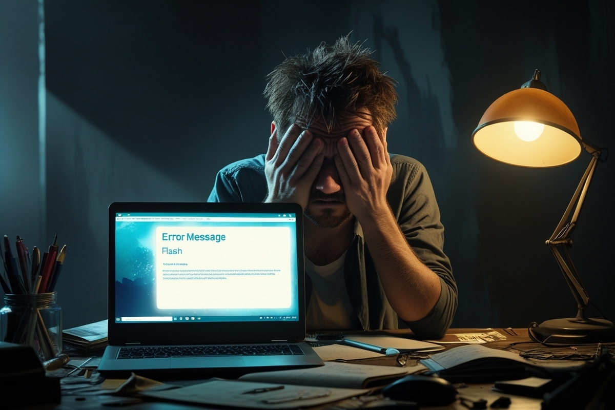 A frustrated man covers his face in despair after encountering an error while trying to preorder his device, illuminated by the dim light of his desk lamp.