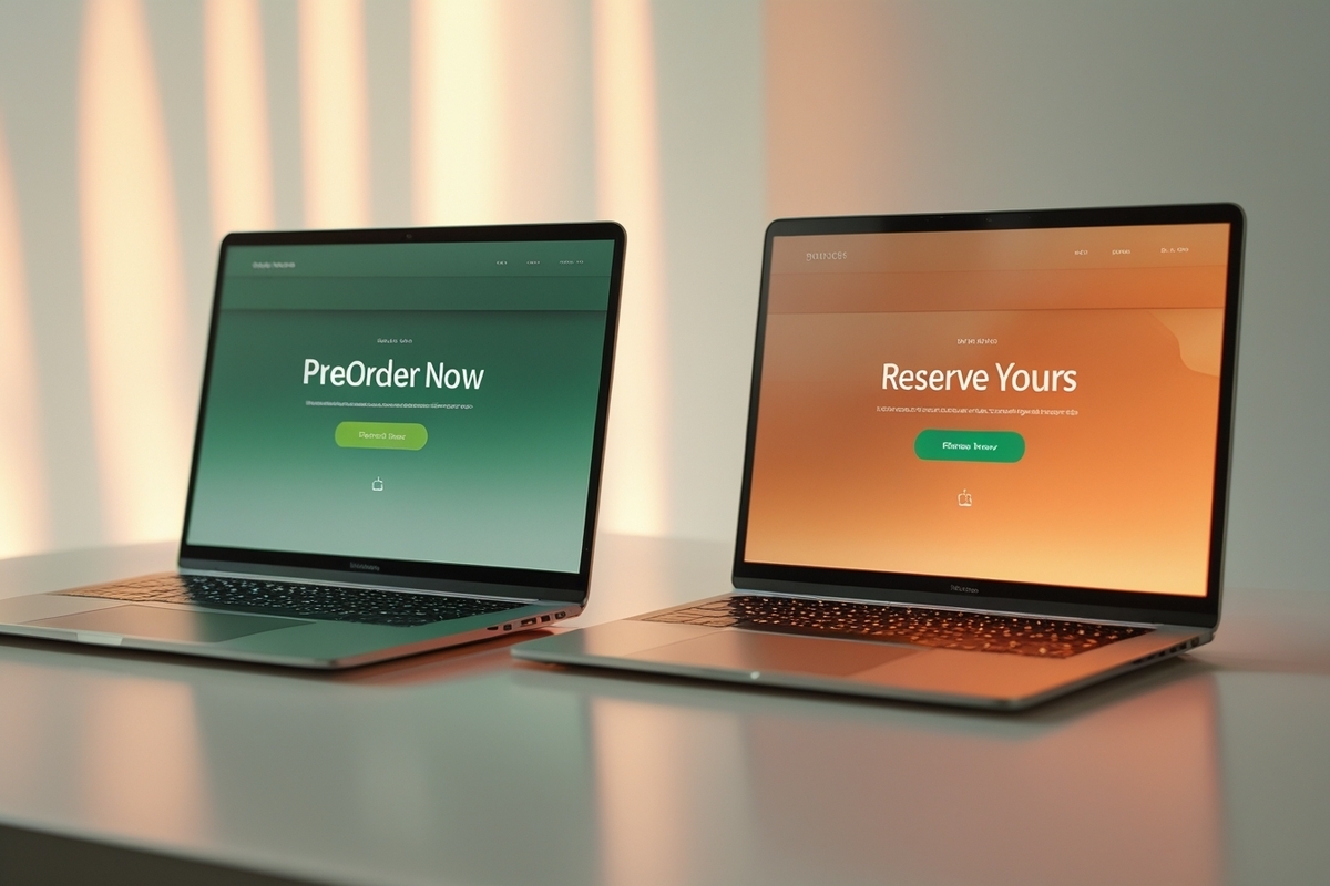Two laptops side-by-side showing preorder and reservation buttons in warm lighting — a moment of urgency and decision for eager fans.