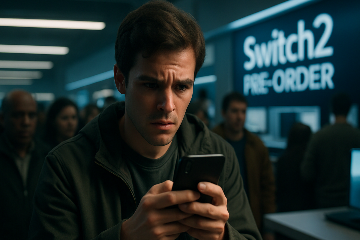 A worried man stares at his phone in a crowded store, standing in front of a glowing 'Switch2 Pre-Order' sign, fearing he might have missed his chance.