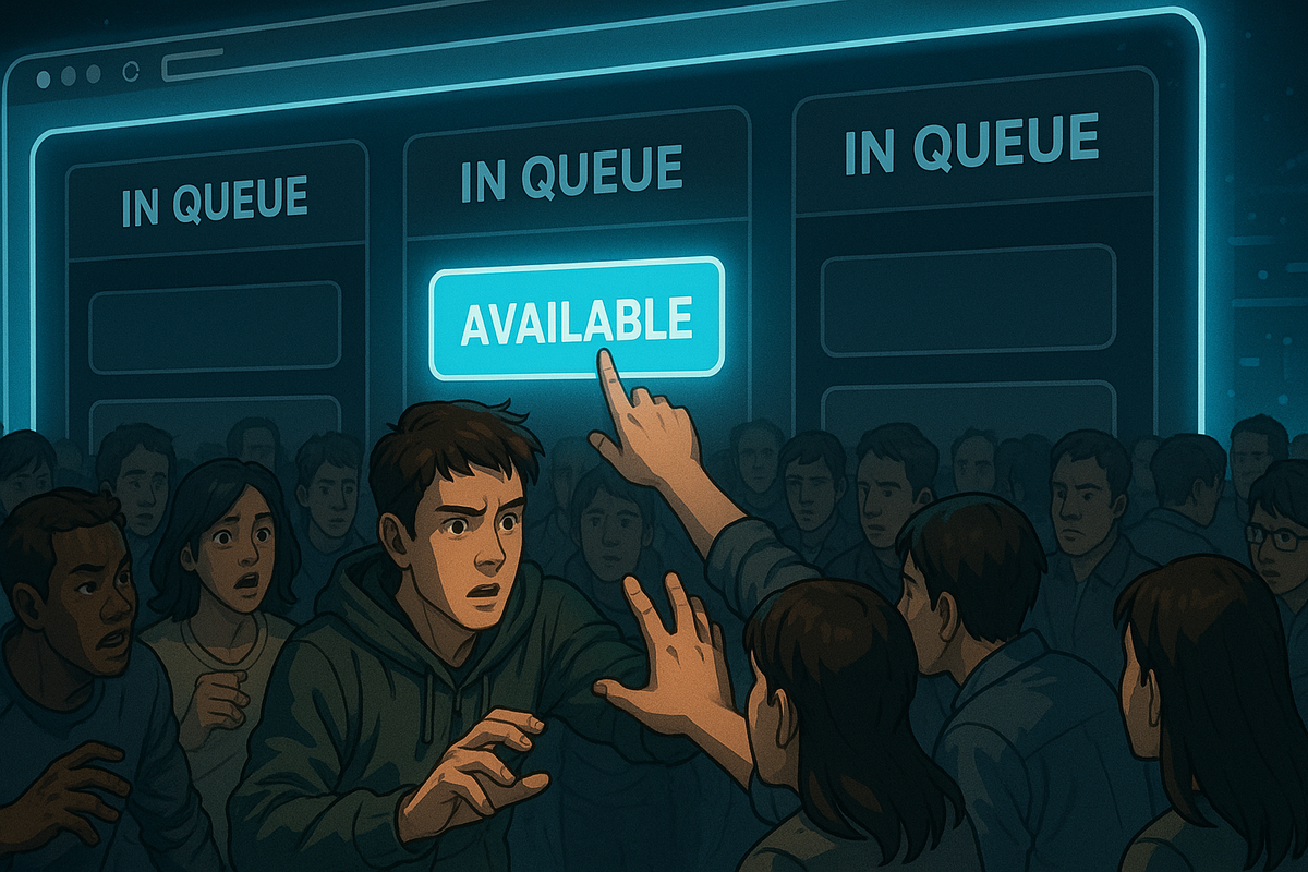 A desperate crowd rushing toward the only available slot on a digital screen, with one person reaching out in tension and hope.