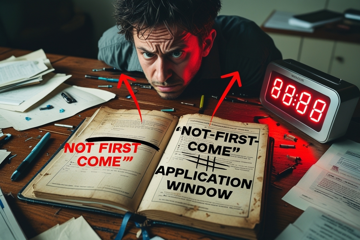 A confused person staring at a rulebook and a timer, arrows pointing to “not first-come” and “application window”