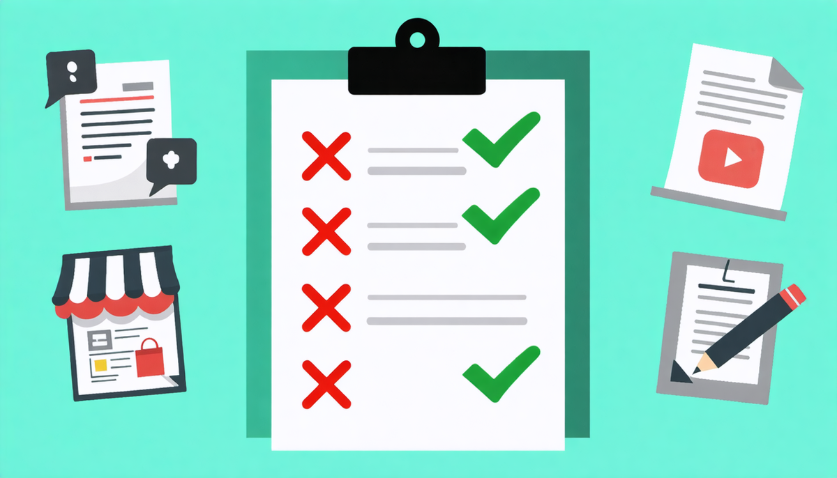 ALT：A checklist showing common mistakes and correct actions in online applications, with red crosses and green check marks — surrounded by icons of videos, reviews, and stores, evoking a sense of urgency and confusion about doing it right.