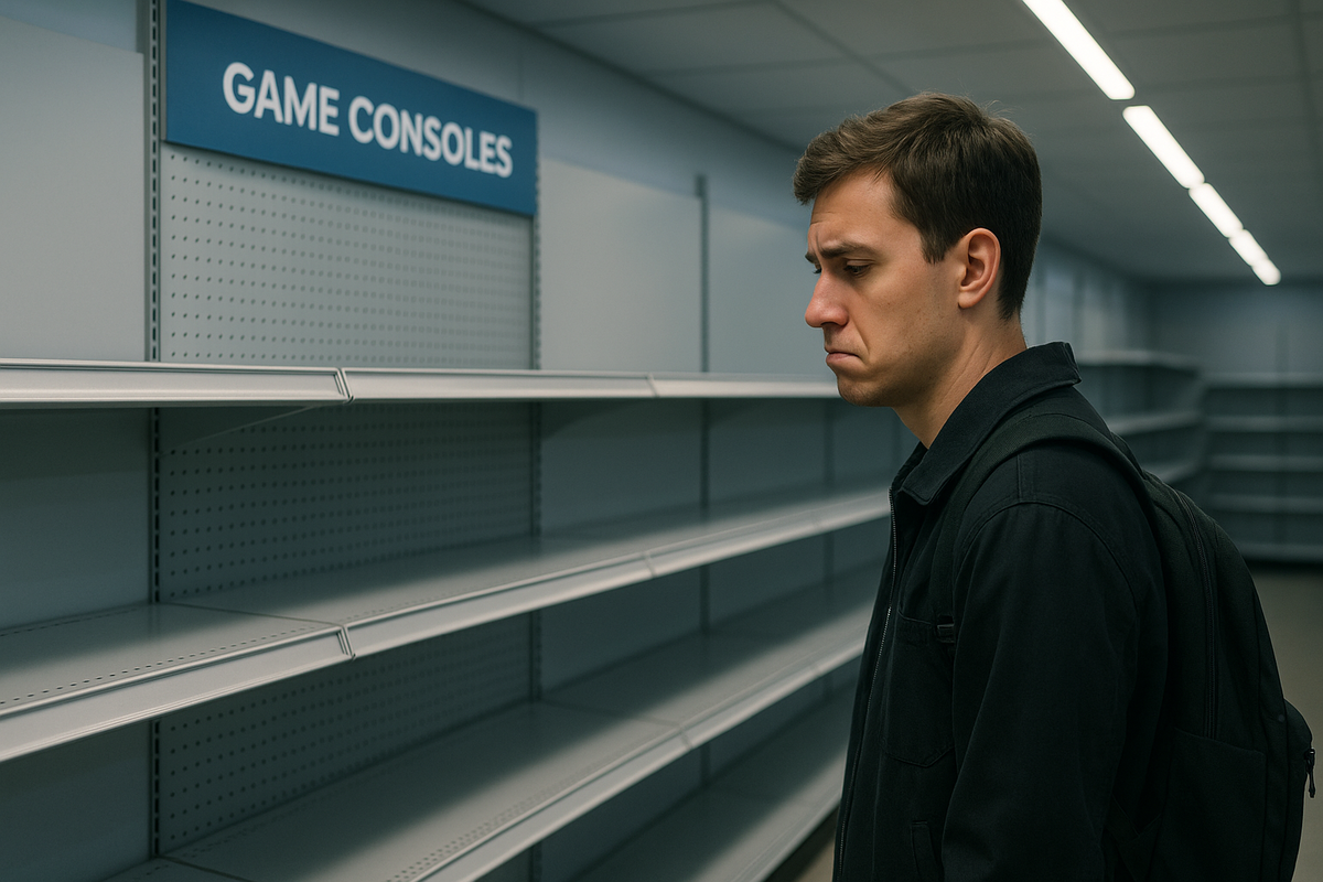 A disappointed shopper looking at empty game console shelves, expressing frustration over not being able to find the new Switch2 in stock.