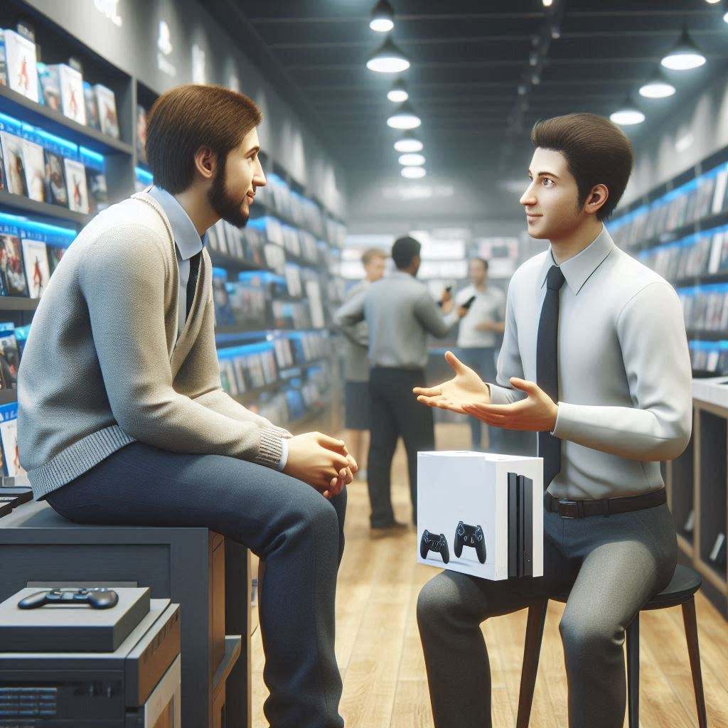 A hopeful customer discussing a game console purchase with a friendly store clerk, reflecting optimism about stock availability.