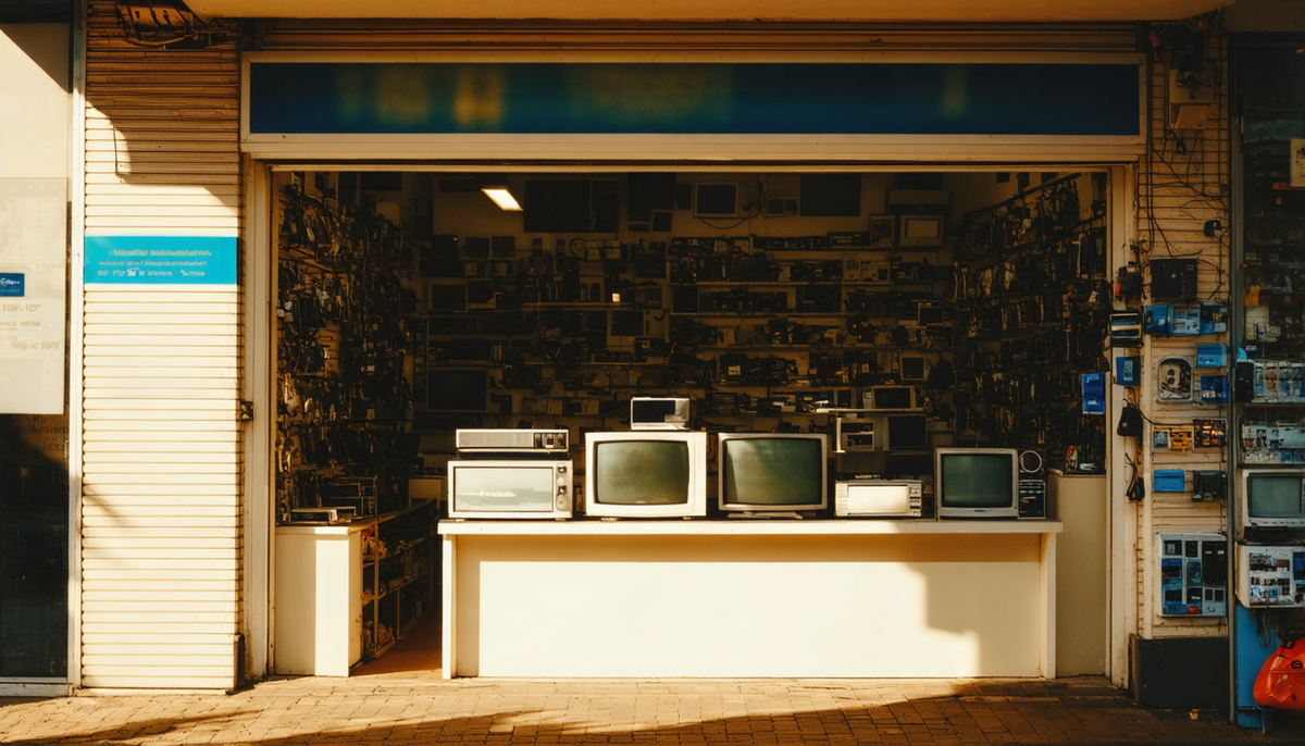 A nostalgic vintage electronics shop bathed in warm sunlight, inviting you to explore decades of forgotten tech treasures.