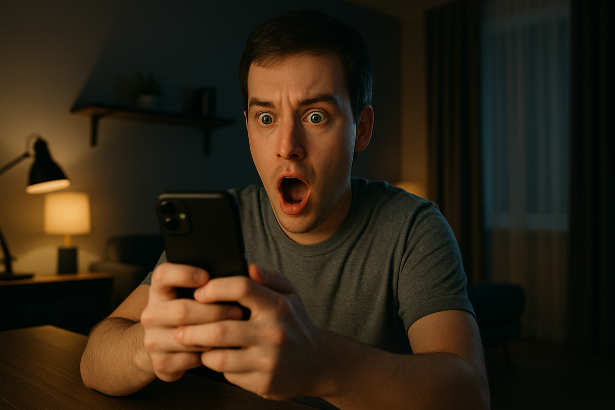 A young man looks shocked while checking his smartphone, reacting to breaking lottery results online.