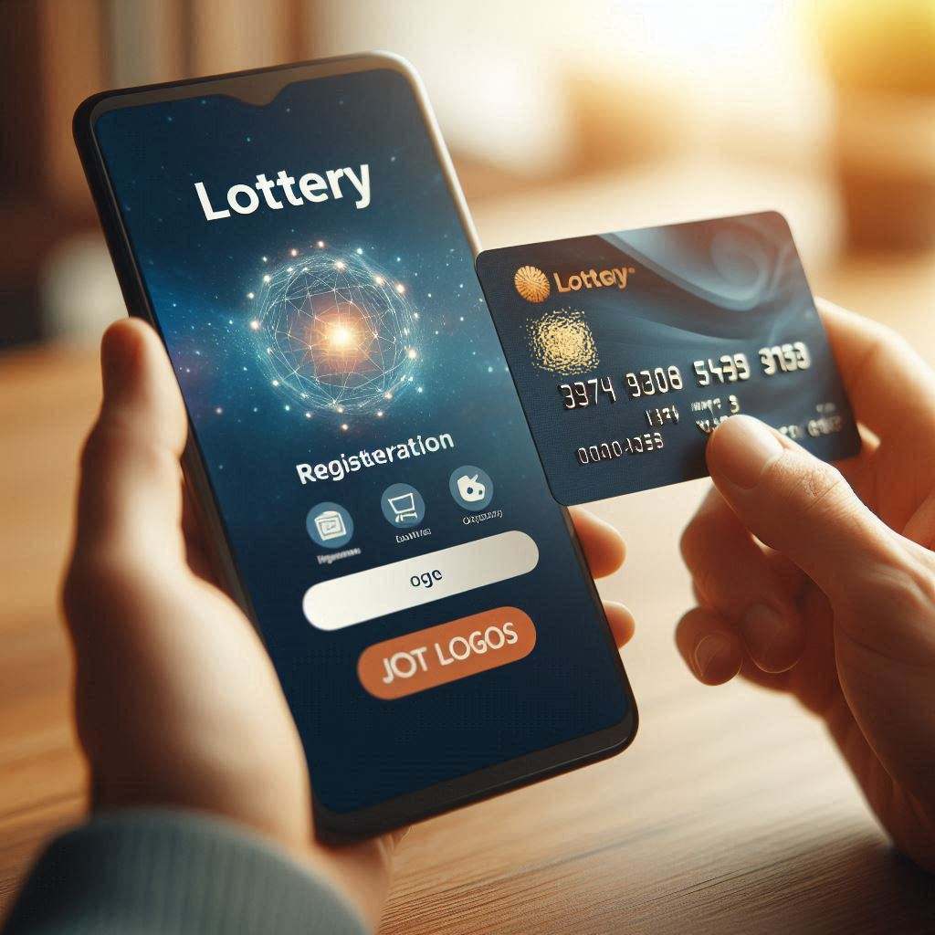 A person holding a sleek lottery card while registering through a futuristic app interface — the moment before unlocking a new world of possibilities.