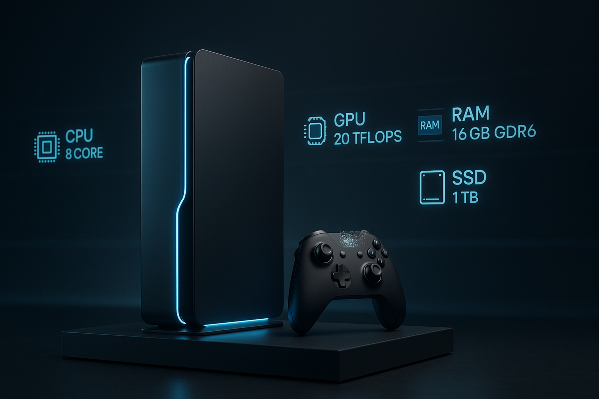A sleek, next-gen gaming console glowing in blue with powerful specs, evoking excitement and anticipation.