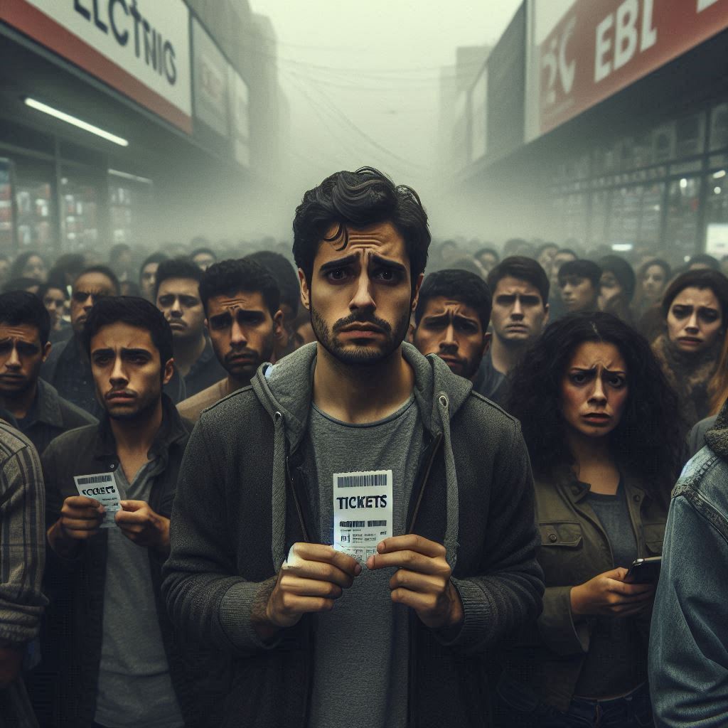 A worried man holding a lottery ticket in a crowd, symbolizing the anxiety of missing out on a highly anticipated product release.