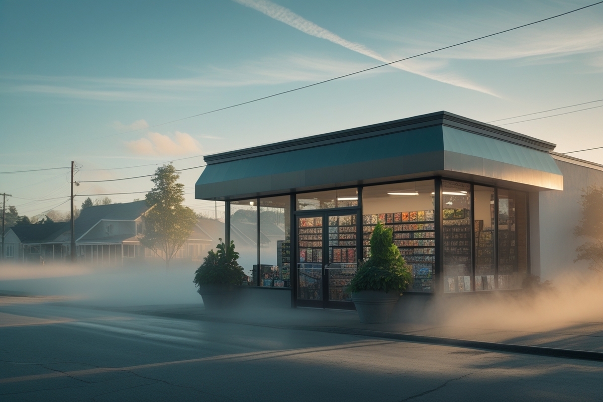 A quiet suburban game store glowing in soft morning light, surrounded by mist, evoking a sense of calm before the excitement begins.