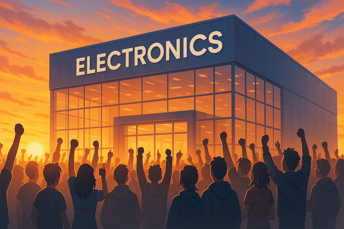 Excited crowd gathering outside an electronics store at sunrise, fists raised in anticipation of a major product release.