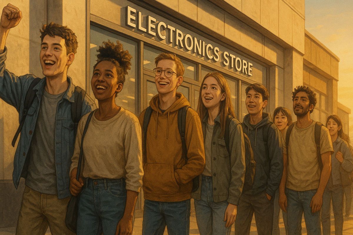 Excited gamers line up with joy and anticipation outside an electronics store at sunrise, ready to grab the latest console on launch day.