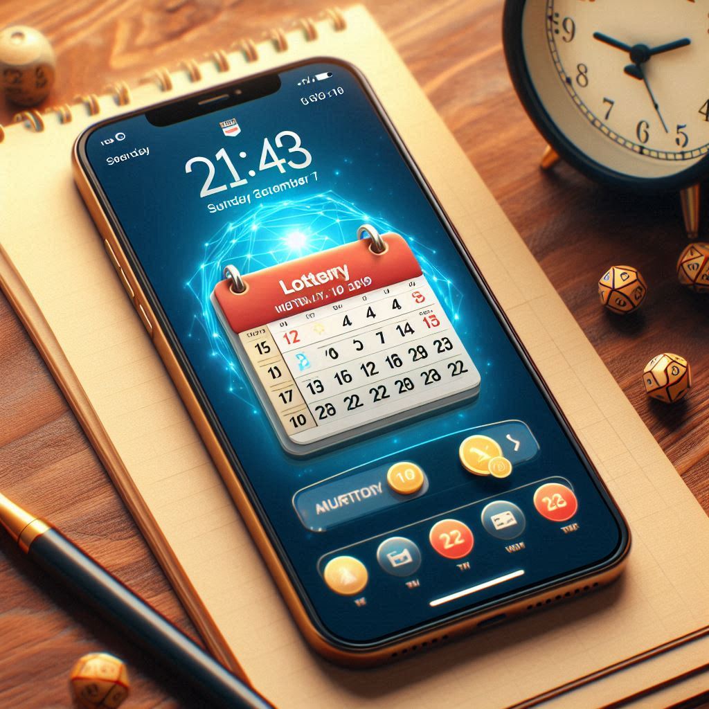 Excited smartphone user checking upcoming lottery schedule on a calendar app, hoping to win a rare item