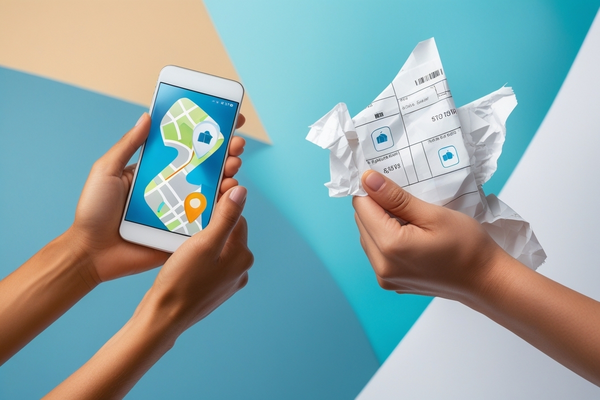 Confused traveler holding a crumpled ticket while checking destination on a smartphone map app