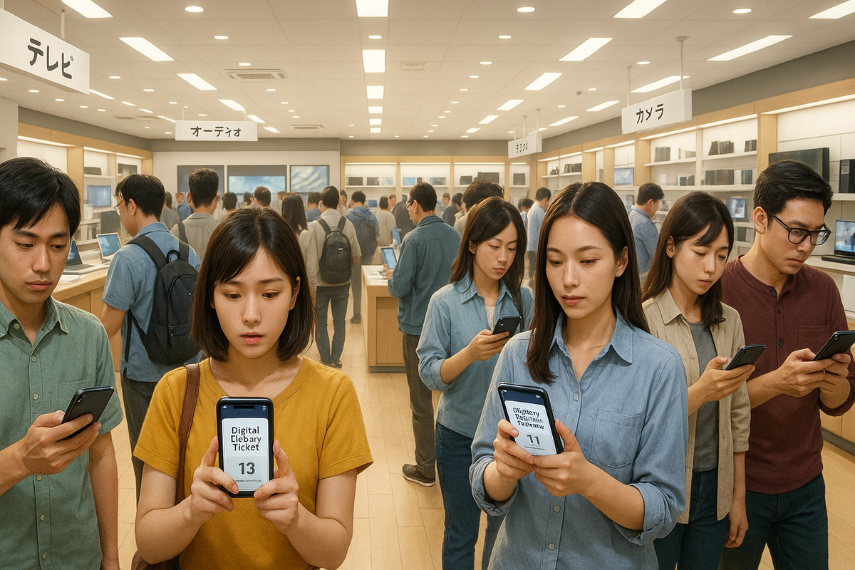 Anxious customers checking their digital lottery tickets on smartphones inside a busy electronics store
