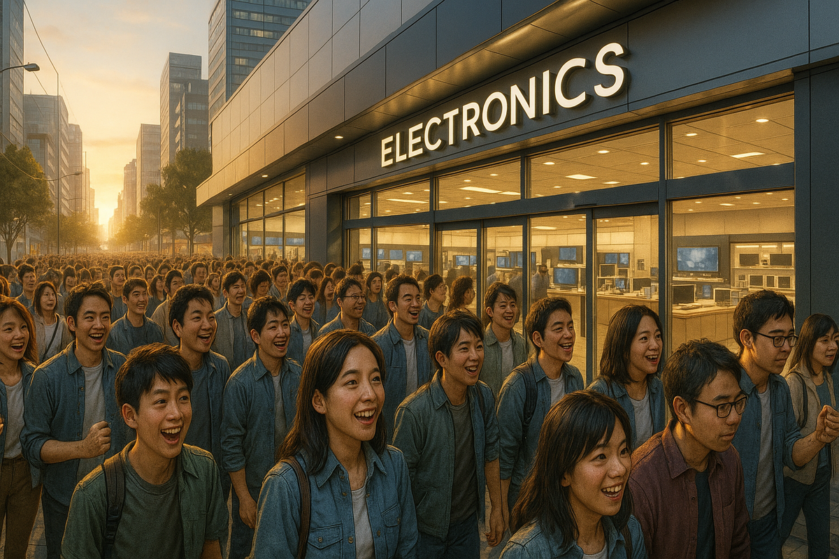 Joyful early morning crowd lining up outside an electronics store, eager and smiling to buy the latest gaming console release