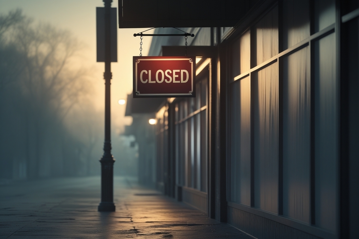 A lonely closed sign hanging outside a store at dawn, evoking a sense of missed opportunity and early morning disappointment