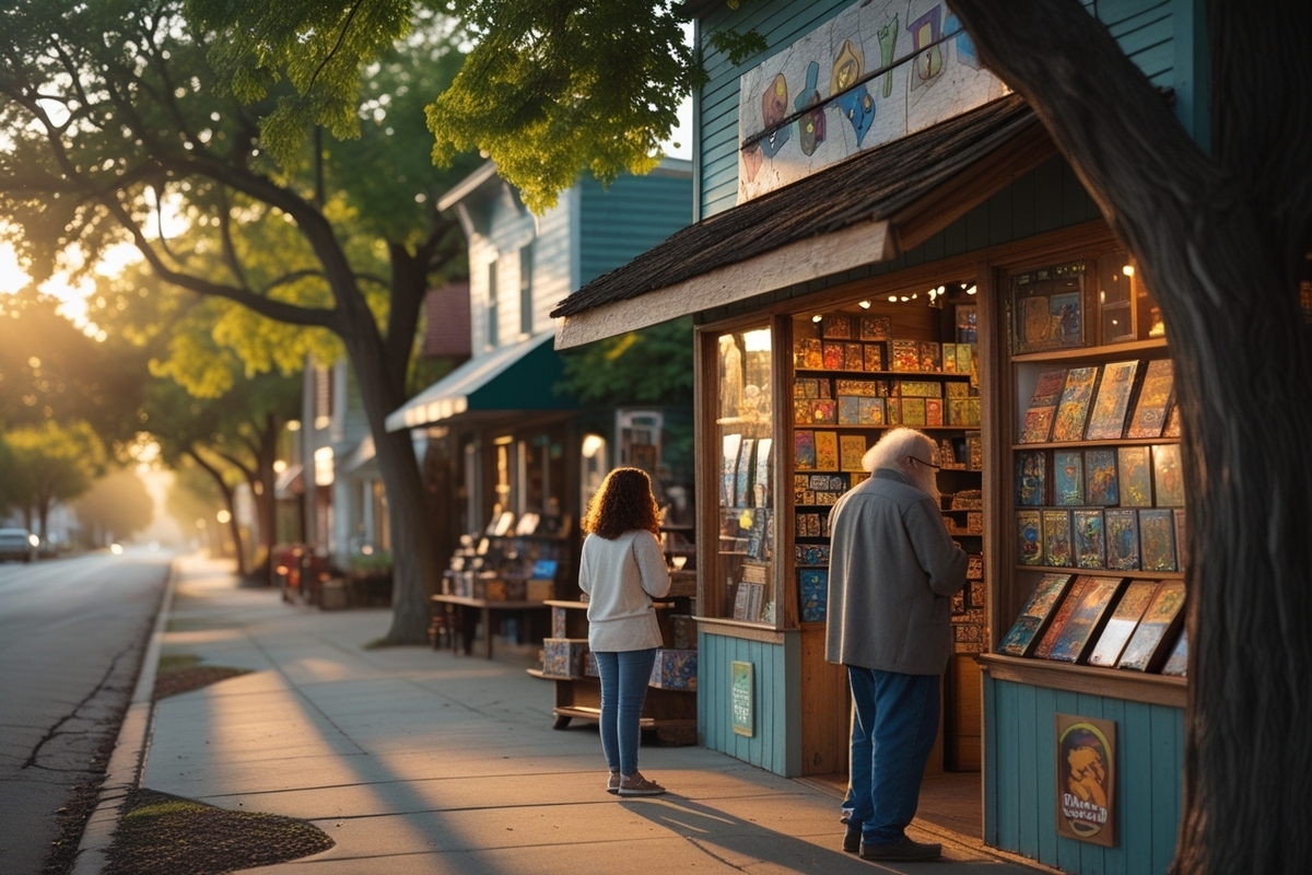 Two early morning shoppers browsing retro games at a small-town game store, bathed in warm sunlight and a peaceful atmosphere
