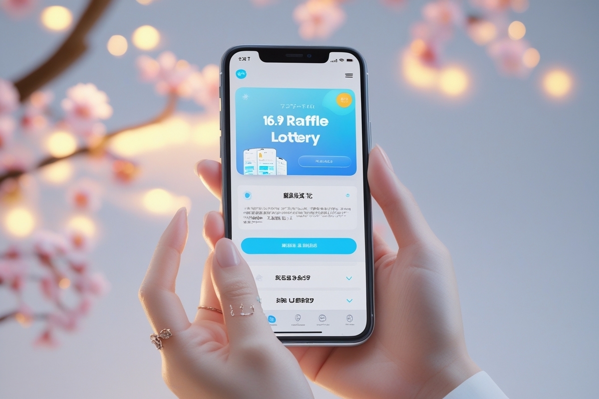 A hopeful young woman holds her smartphone with both hands under soft cherry blossom lights, checking a raffle lottery app screen with anticipation.