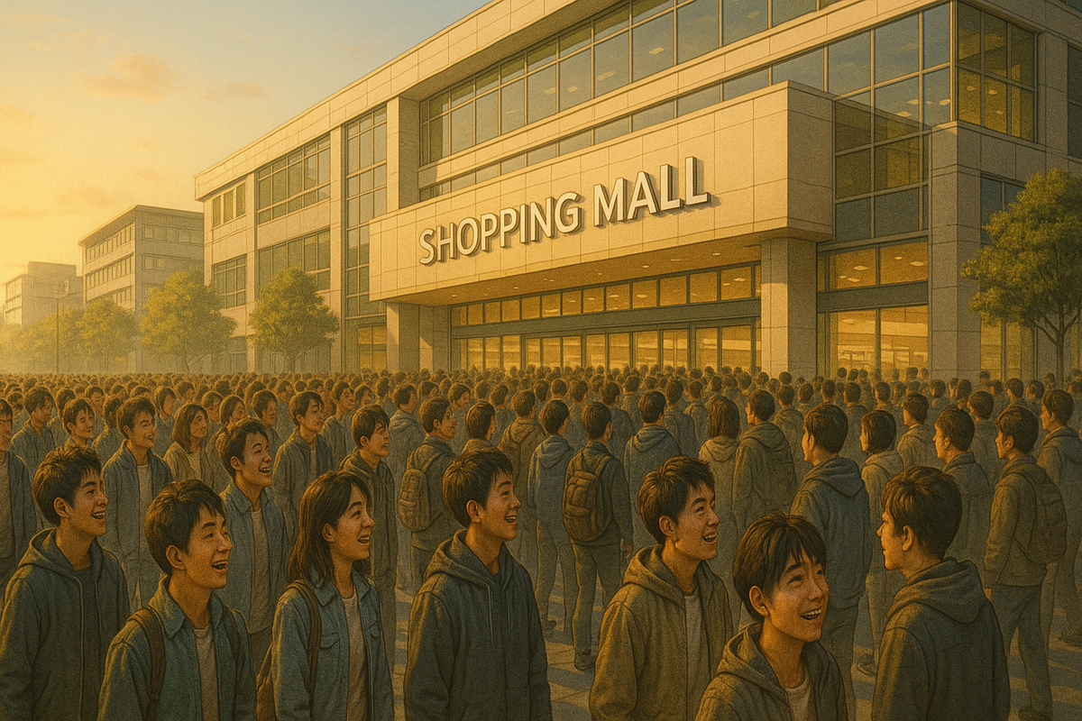 A massive crowd of excited young people eagerly lining up outside a shopping mall at sunrise, buzzing with anticipation for a major product launch.