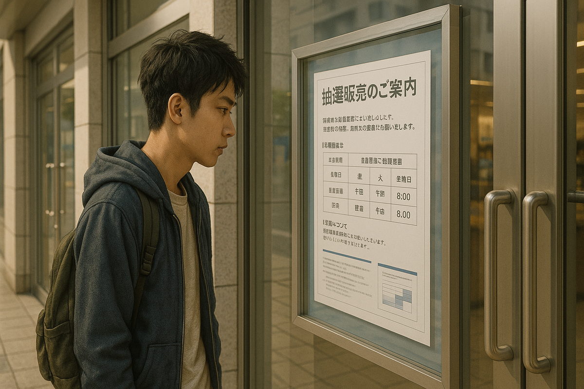 A young man anxiously reads a lottery sale announcement on a glass door, hoping to secure a chance to buy a high-demand product.