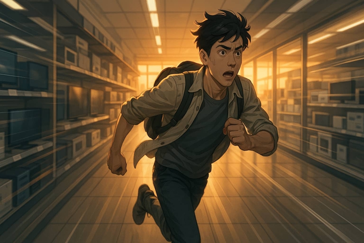 A determined gamer rushes through the electronics store at sunrise — fear in his eyes, hope in his heart. Today might be his only chance to grab the Switch2.