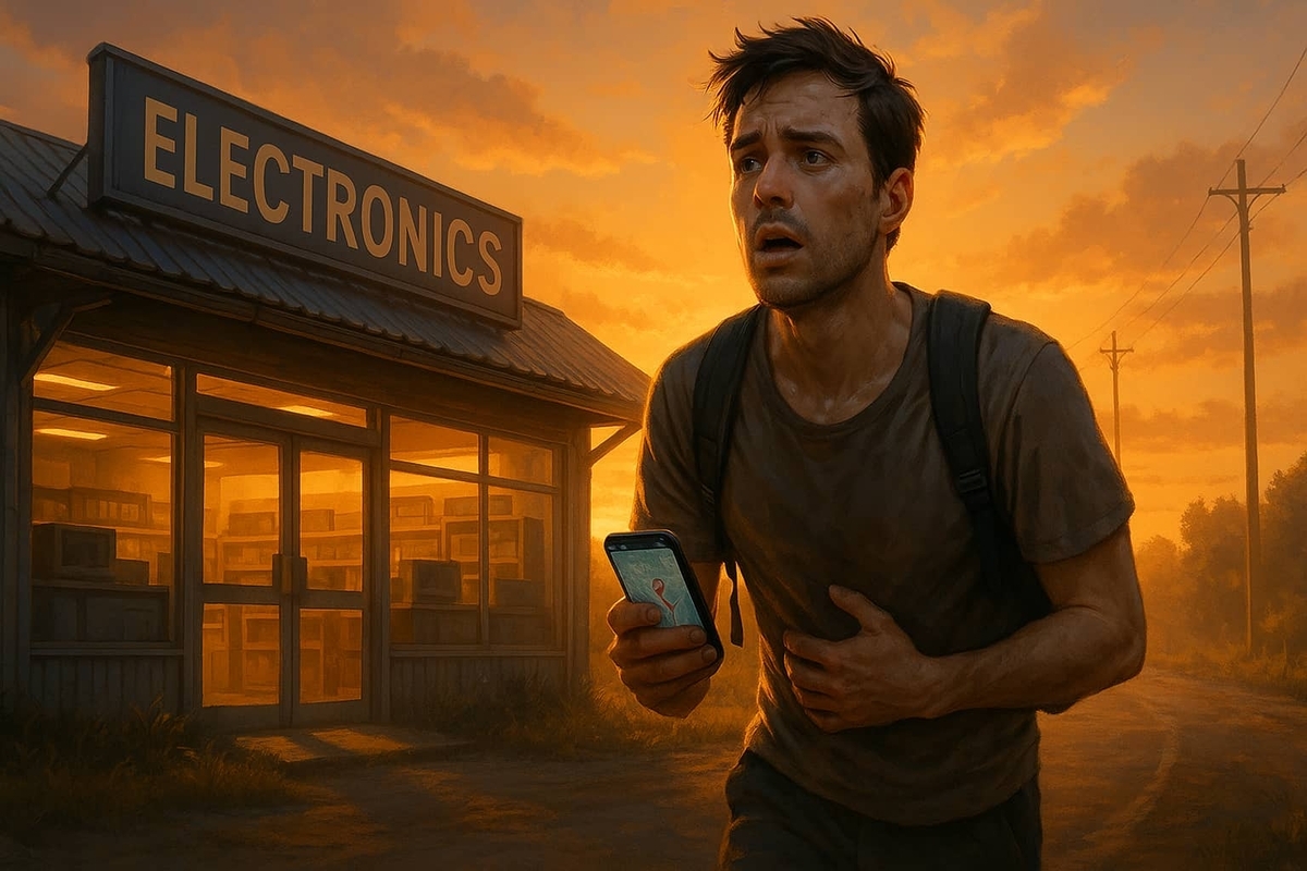A determined man drenched in sweat stands in front of a rural electronics store at sunset, clutching his phone showing a map, eyes filled with hope and exhaustion — he's finally arrived.