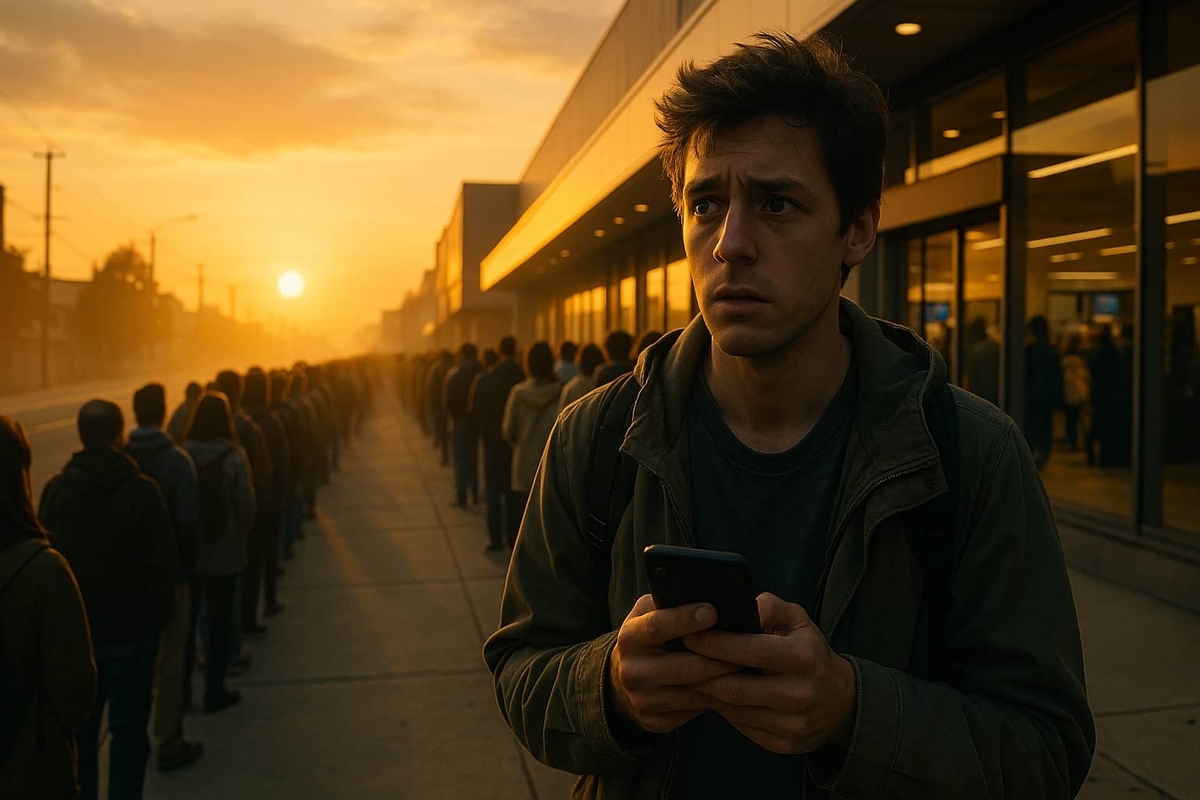 A worried young man stands at the end of a massive line outside an electronics store at sunrise, clutching his phone, uncertain if he’ll get the new console.