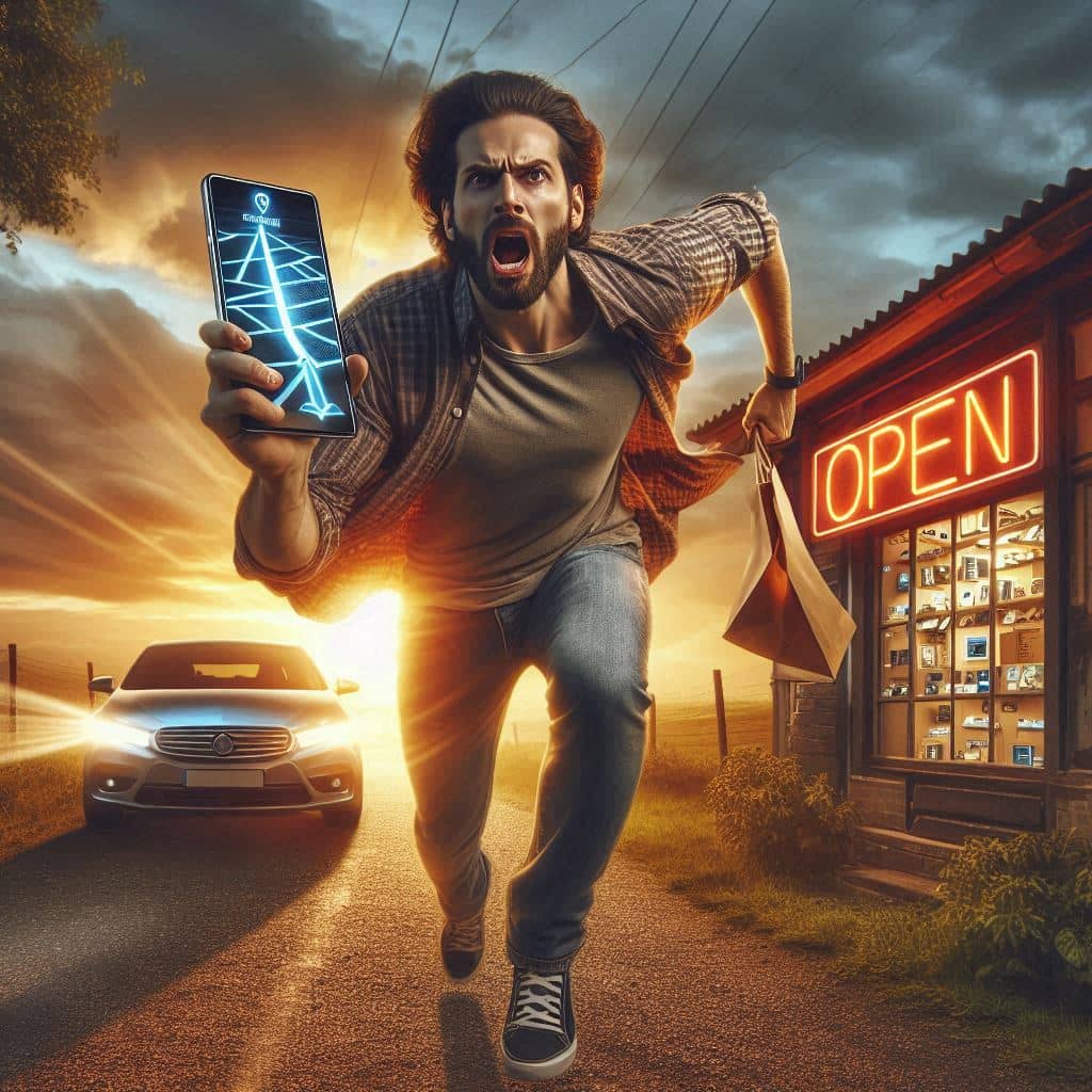 A furious man dashes toward an open rural electronics store at sunset, gripping his phone showing a navigation map, desperate not to miss the last chance to get the new console.