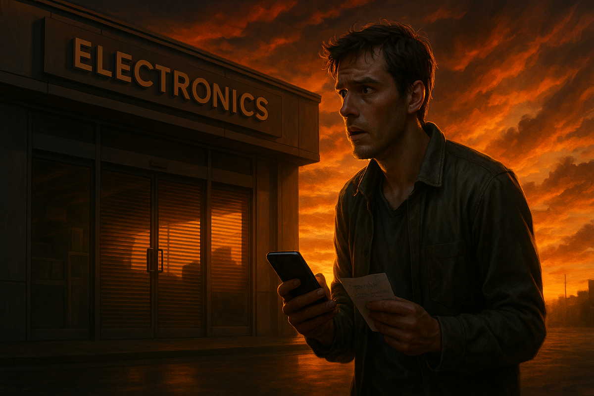 A worried man holding a memo and phone, standing in front of a closed electronics store at dawn, hoping to grab a rare Switch2 unit. The sky burns with tension and urgency.
