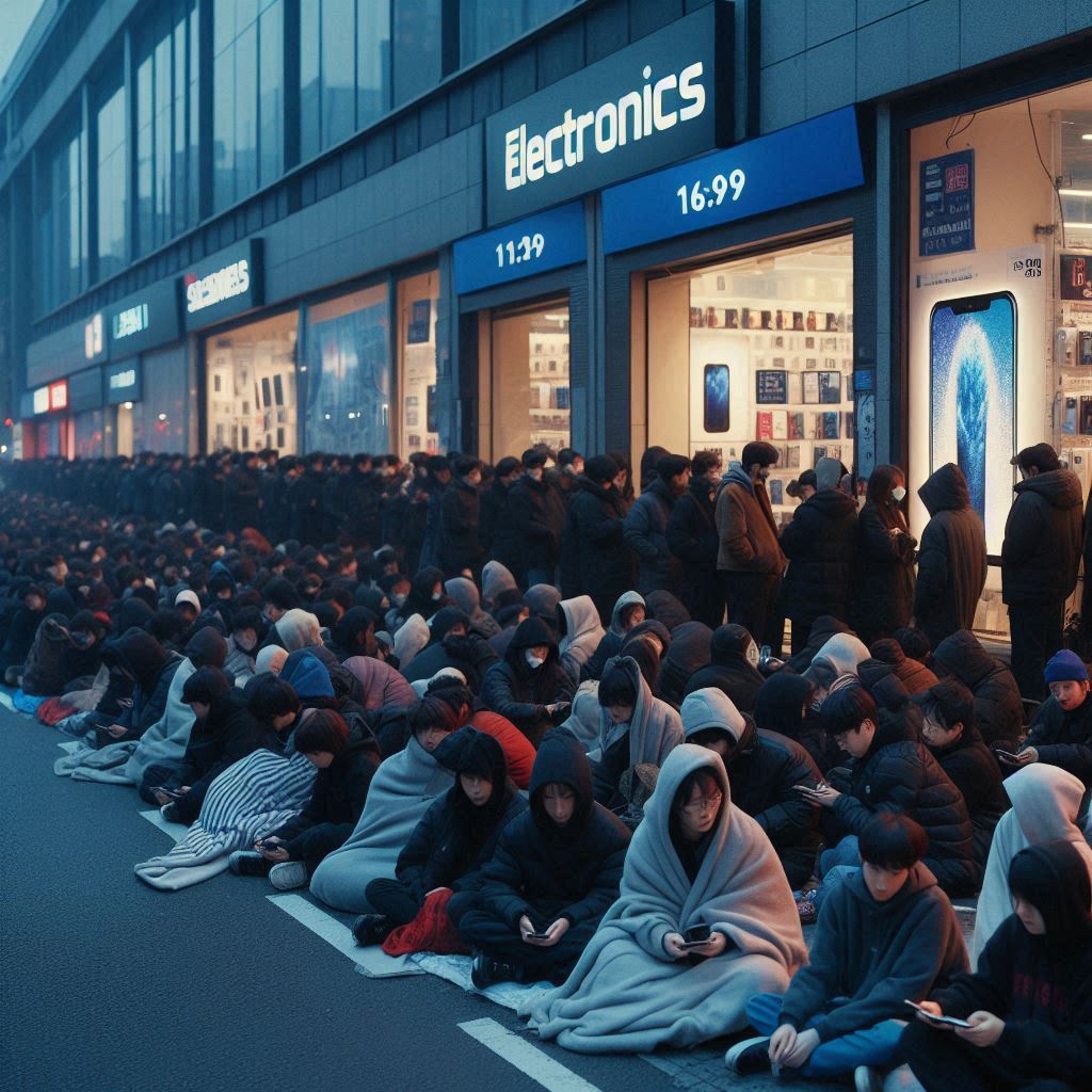 Hundreds of dedicated fans wrapped in blankets, lining up outside an electronics store in the freezing dawn, determined to get their hands on the latest console.