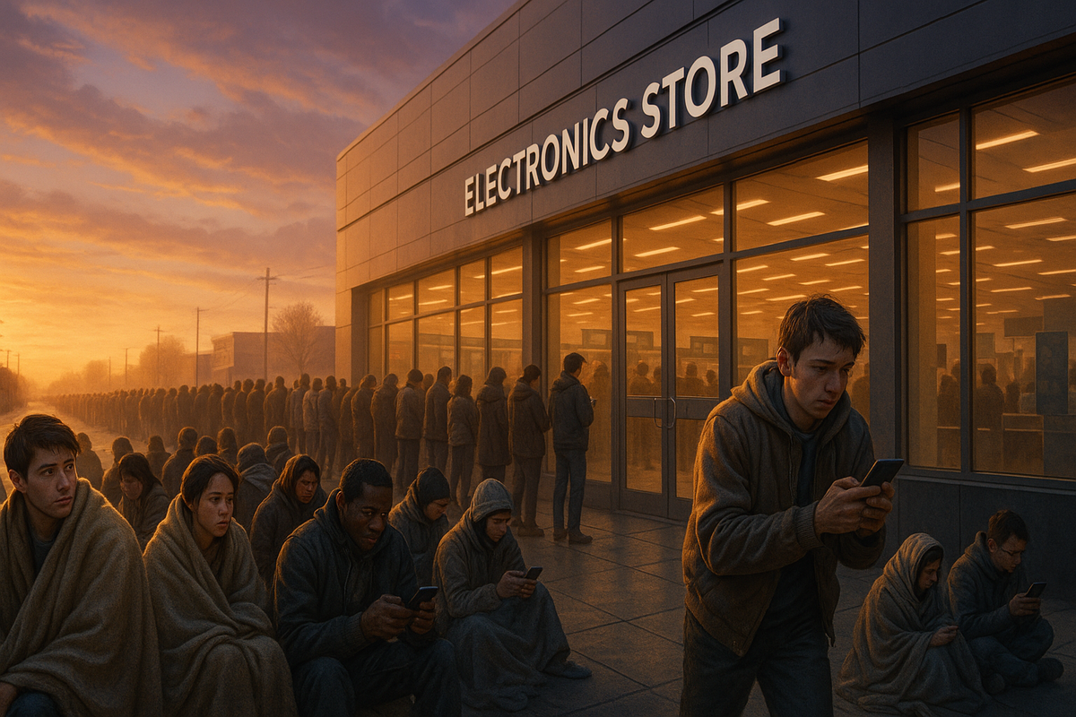 Dozens of anxious shoppers wrapped in blankets line up at dawn outside a glowing electronics store, all hoping for a chance to grab the hottest console of the year.