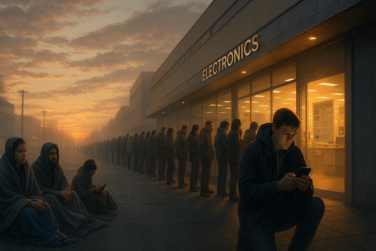 A young man kneels in front of a long line outside an electronics store, focused on his phone while the morning mist glows with anticipation behind him.