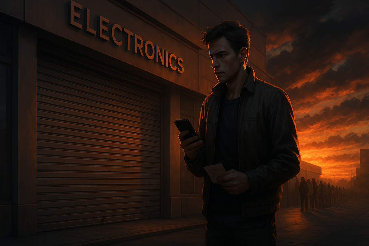 A tense early morning moment—hopeful gamer checks phone outside electronics store as a long line forms in the background. Will he finally get a Switch2?