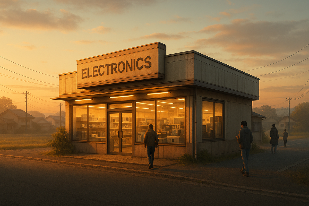 Early morning outside a local electronics store—quiet anticipation fills the air as hopeful customers approach, wondering if canceled units are finally available.