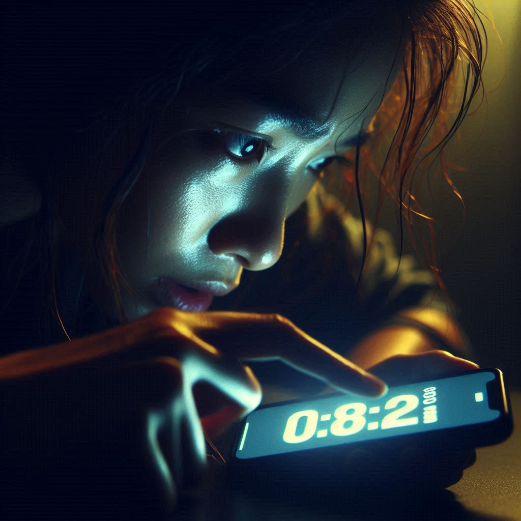 A young woman intensely focused on her phone screen, racing against time with seconds left on a digital countdown — a moment of pure tension and urgency.