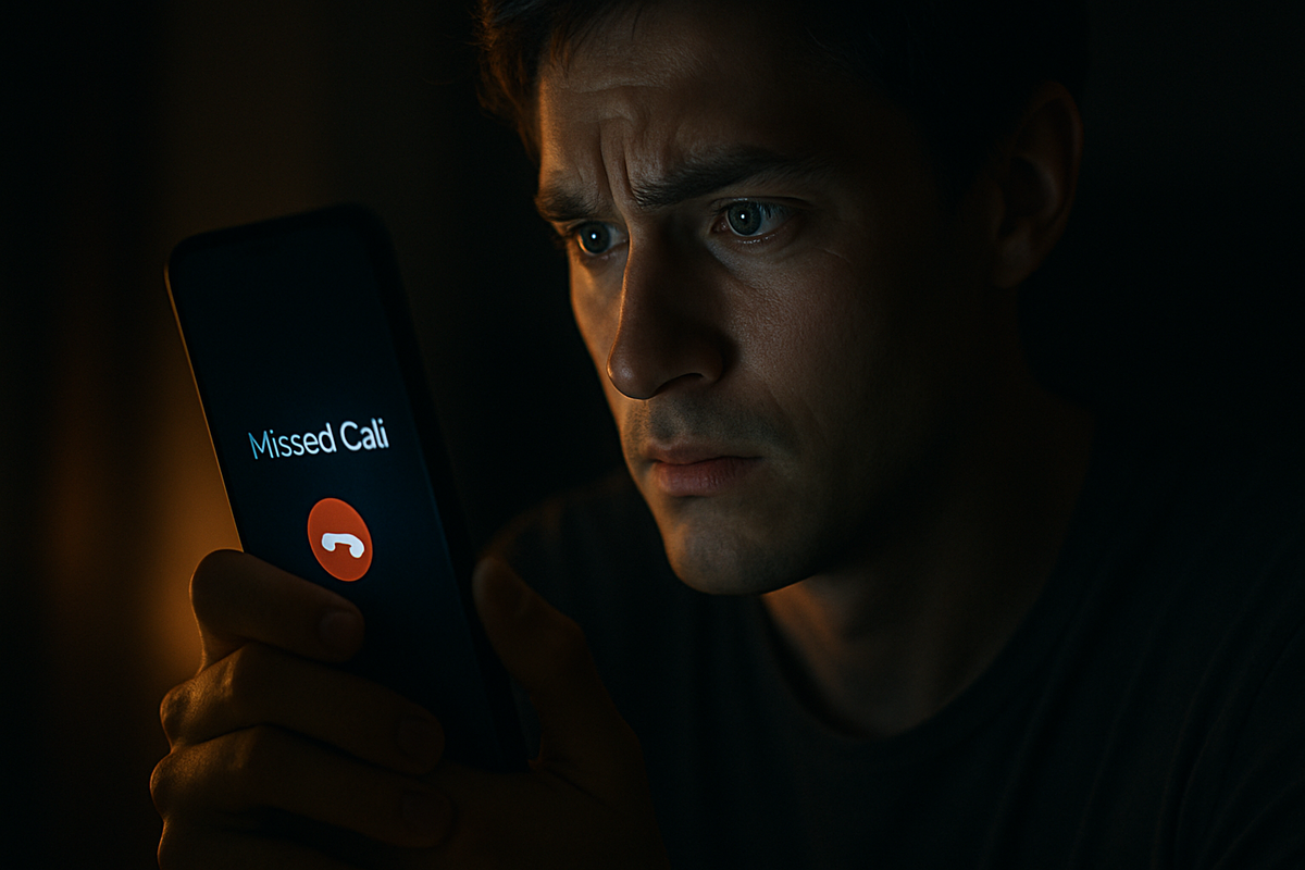 A man staring in disbelief at a missed call on his phone, fearing he just lost his chance to buy the Nintendo Switch2.