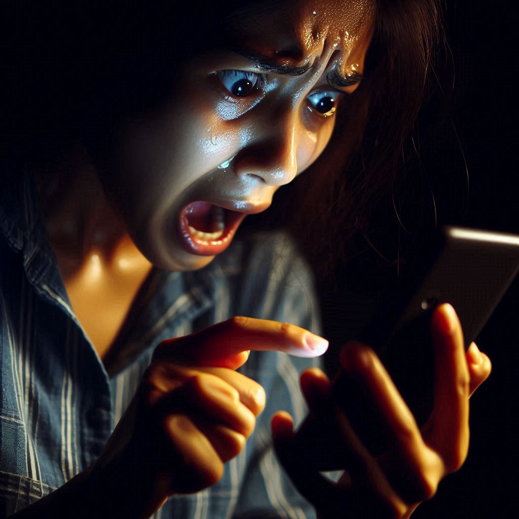 A shocked woman screaming at her phone after missing a crucial call, drenched in sweat and panic.