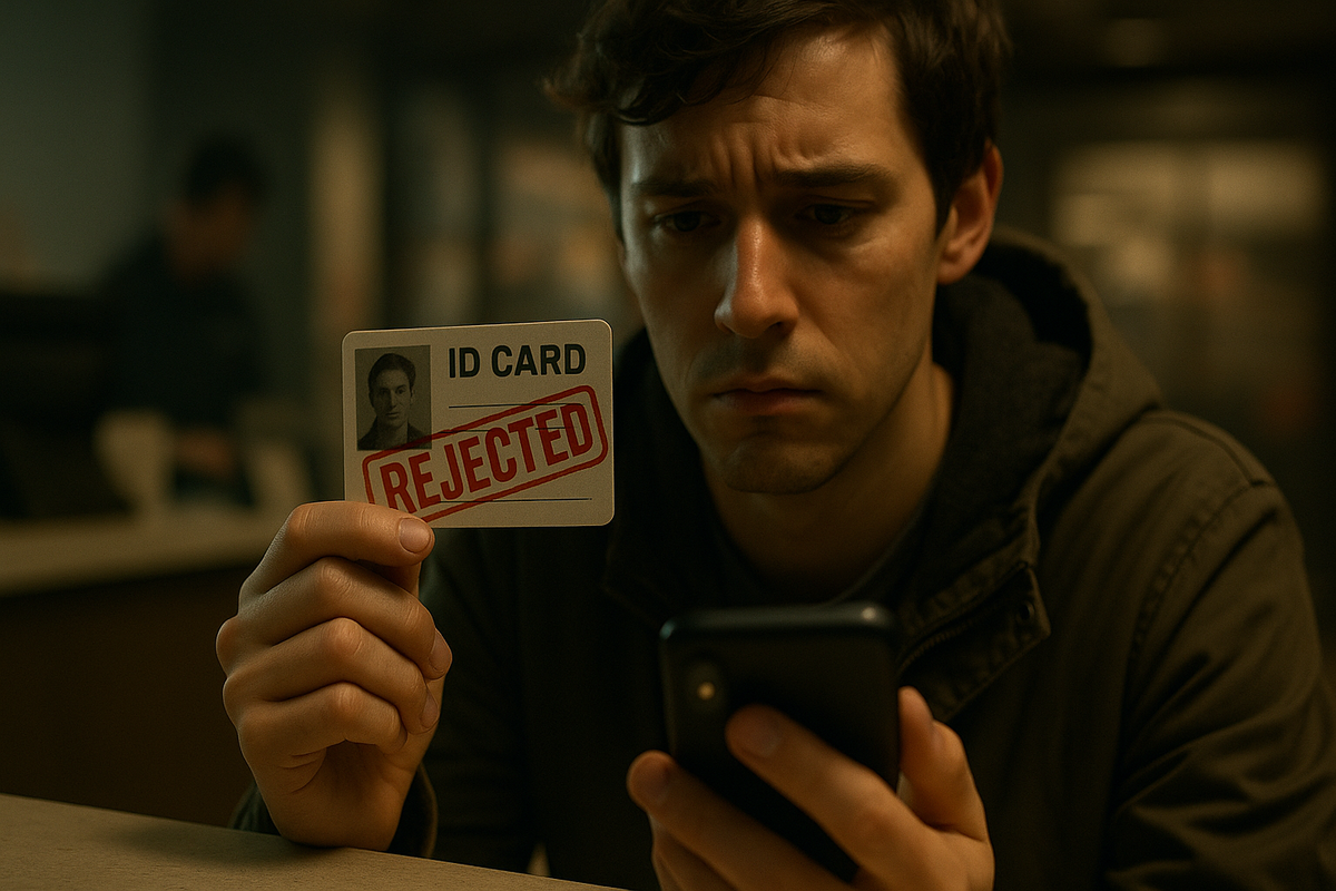 Disappointed man staring at his rejected ID card while holding a smartphone, capturing the frustration of missing a Switch 2 lottery result.