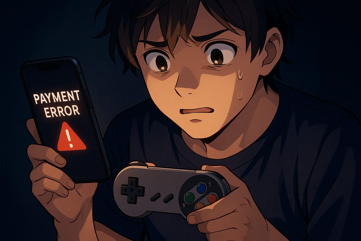 Animated boy gamer sweating in shock while holding a retro-style game controller and looking at a smartphone showing a red ‘Payment Error’ alert. Represents frustration from a failed digital payment during gaming.