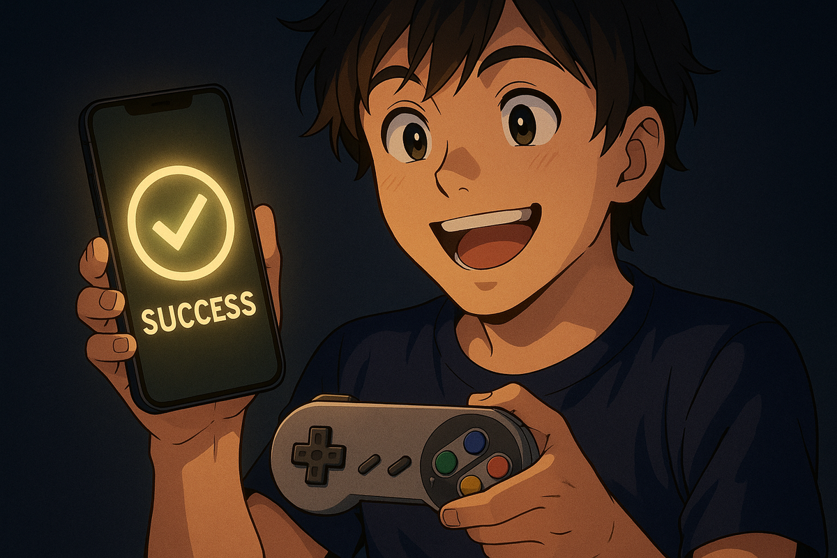 Smiling animated gamer holding a retro-style game controller and a smartphone screen displaying a glowing ‘SUCCESS’ checkmark. The image captures joy and relief after a successful payment.