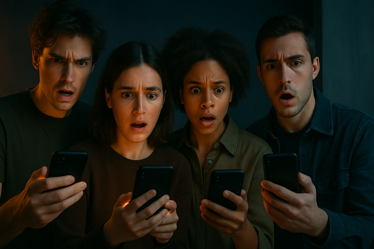 Group of shocked young adults staring at smartphones in disbelief, reacting to unexpected news