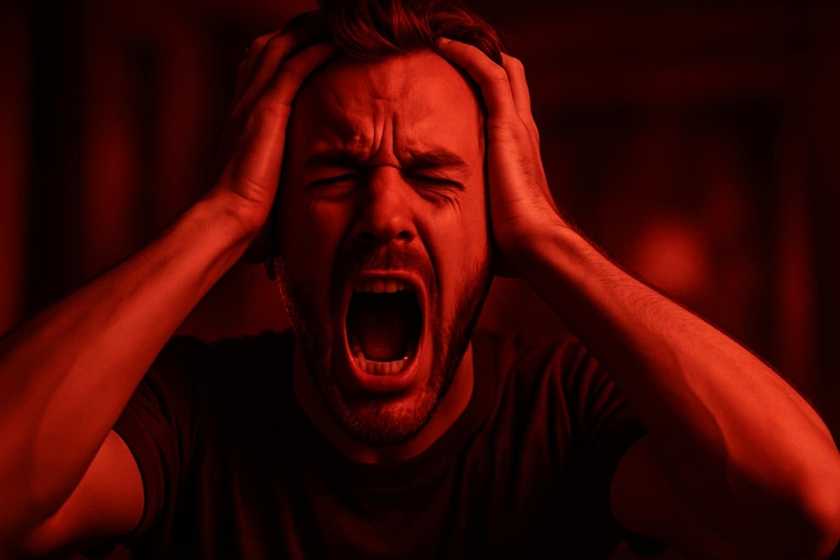A furious man screaming with his hands on his head, overwhelmed by frustration and disbelief, bathed in red light — a visual echo of the agony of losing yet another lottery.